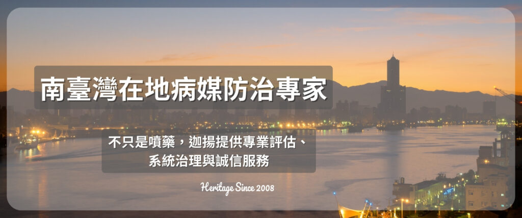 南臺灣病媒防治專家形象橫幅，呈現高雄地標與夕陽作為背景，突顯專業形象與服務承諾