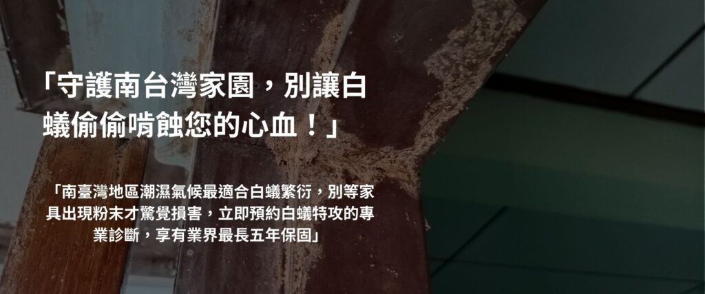 白蟻特攻 CTA 圖片，提醒南台灣住家提防白蟻啃蝕木材，立即預約免費評估